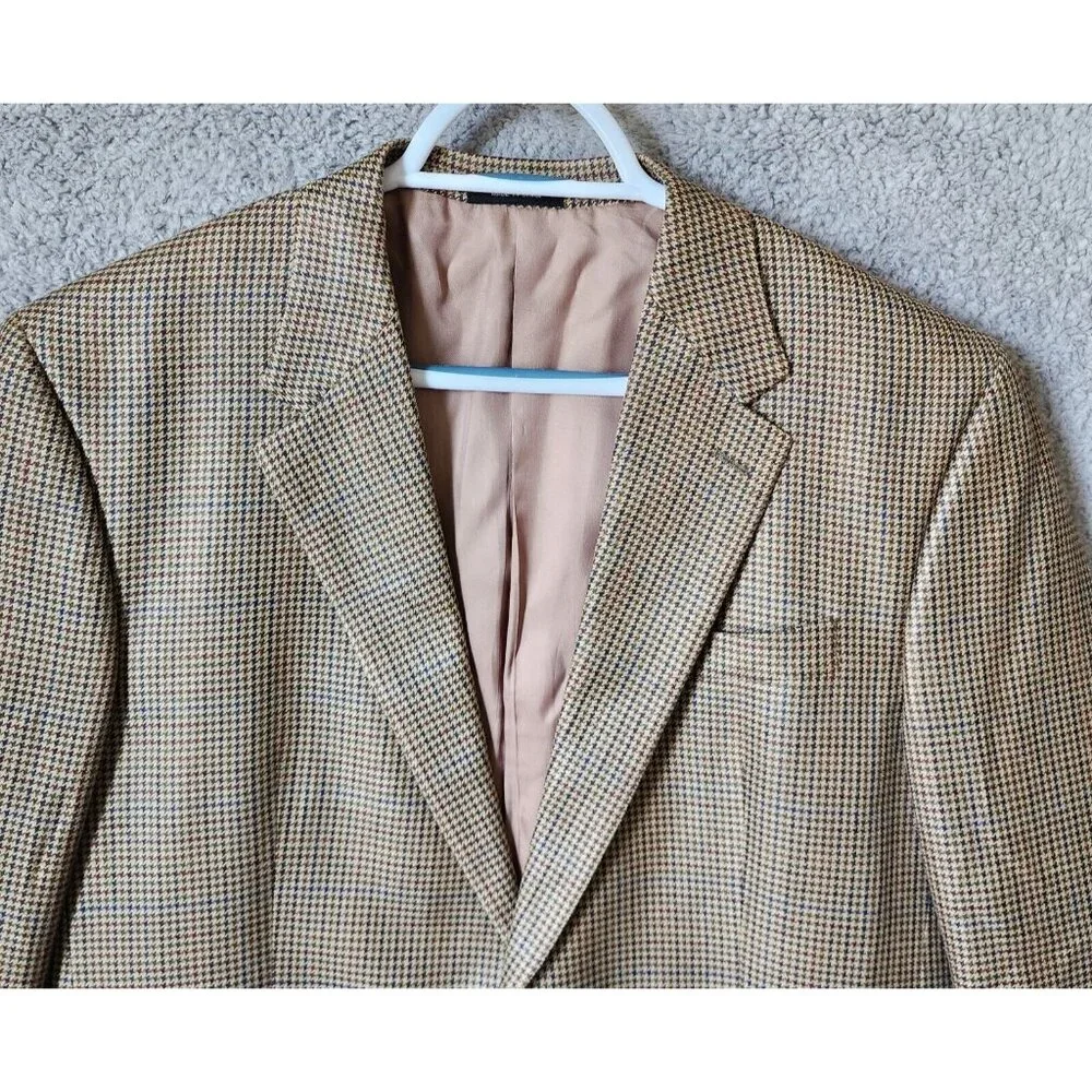 CHAPS Beige Houndstooth Blazer Sport Coat Suit Jacket Men's Size 42‎ R 100% Silk